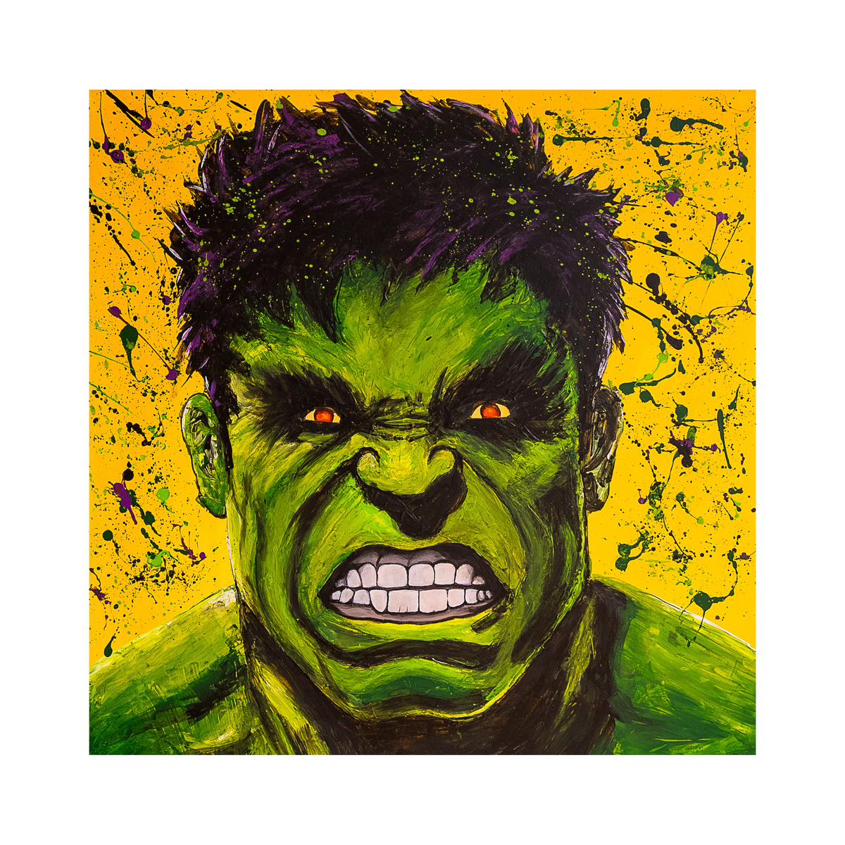 A square art print featuring a stylized, expressive portrait of the Hulk with a green face and shoulders, dark hair, and glowing orange eyes against a bright yellow background with paint splatters.