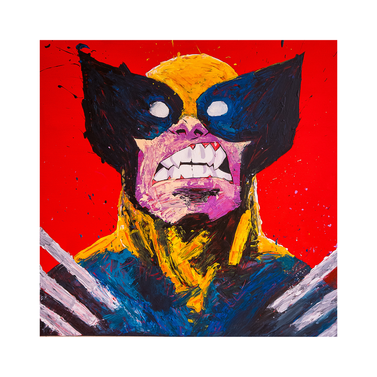 A square canvas painting of Wolverine in a close-up portrait, rendered in expressive impasto brushstrokes. The character is depicted with his classic yellow and blue costume against a vibrant red background, with his metallic claws extended.