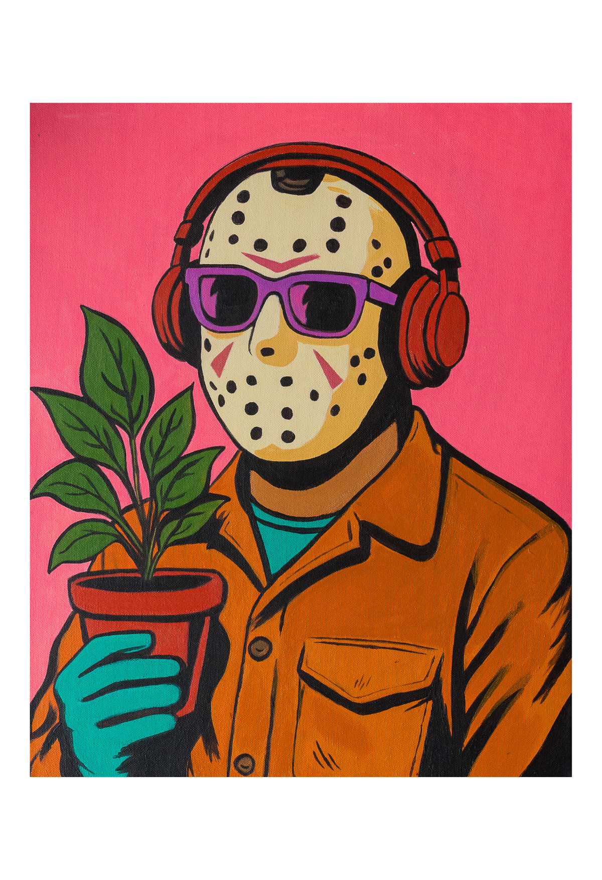 A stylized pop-art portrait of a person in a hockey mask holding a potted plant, wearing orange headphones and purple sunglasses against a solid pink background.
