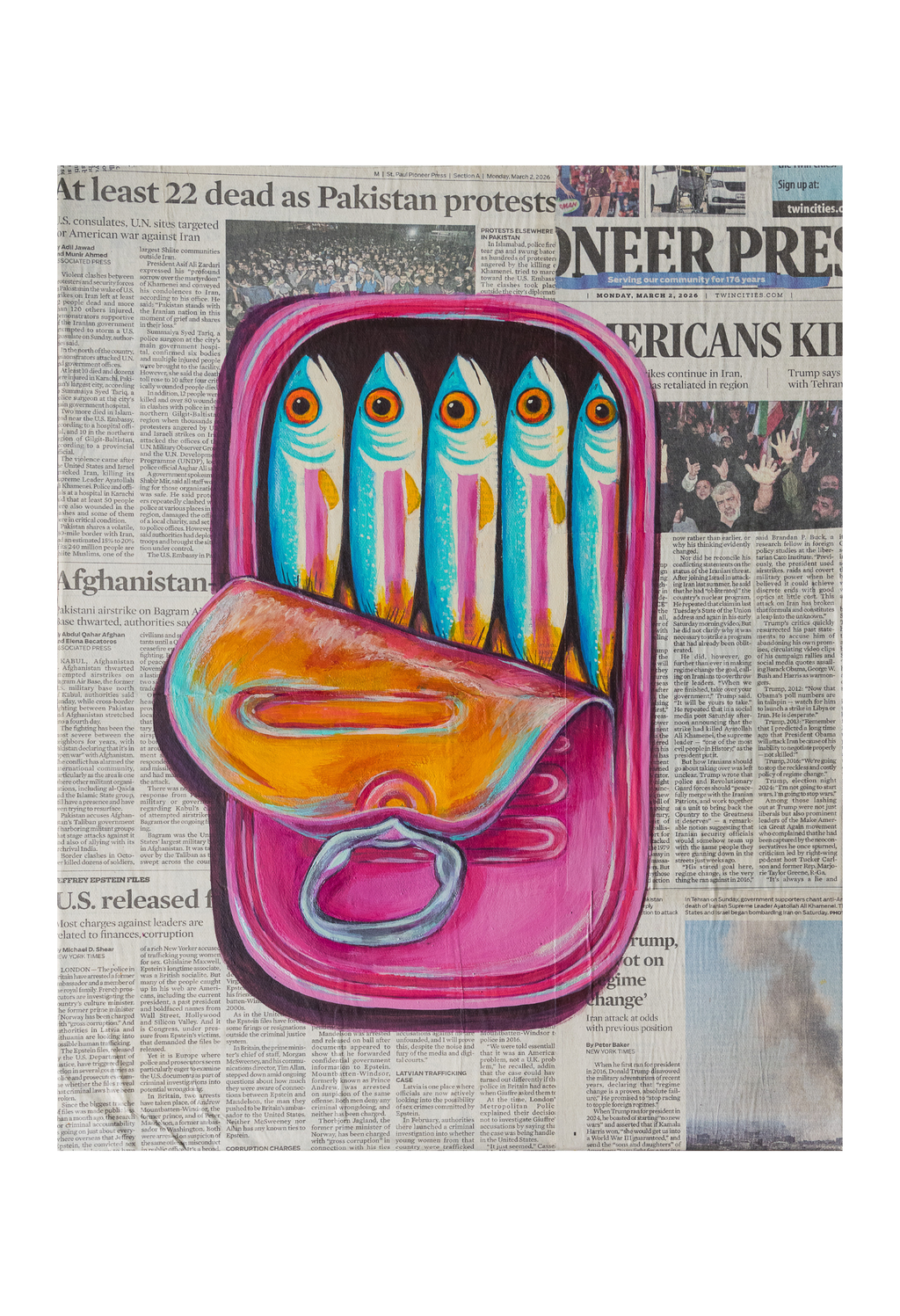 A square art print featuring a stylized pink tin of fish with colorful painted fish inside, placed over a newspaper background. The artwork is centered on a white page.