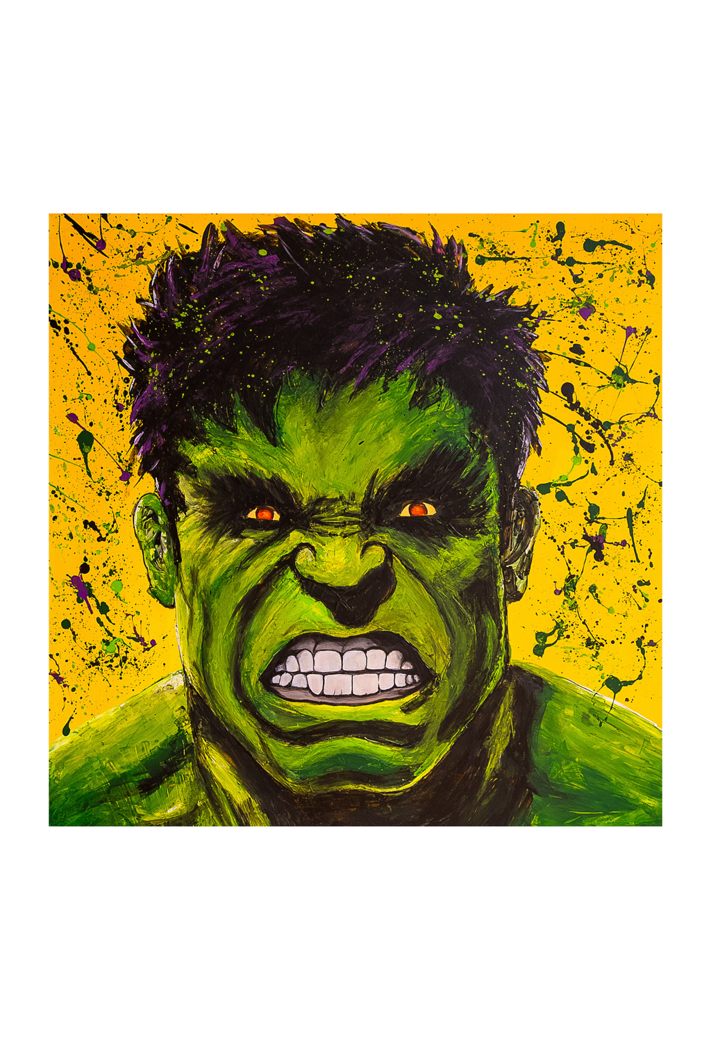A stylized portrait painting of the Hulk's face, featuring bright green skin, dark purple hair, and glowing orange eyes against a splattered yellow background.