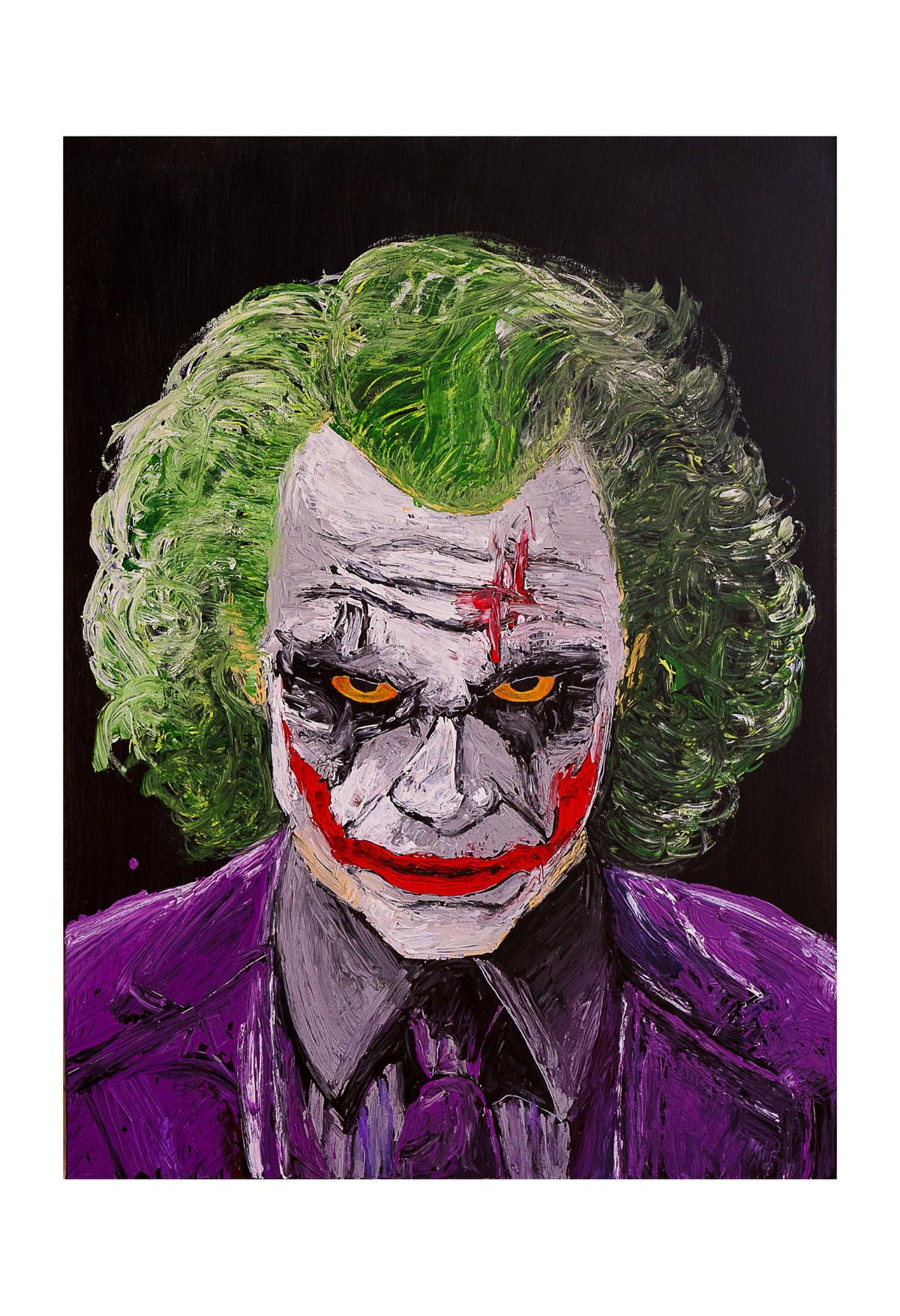 A stylized painted portrait of the Joker with green hair, white face paint, red smile and forehead mark, and a purple suit against a dark background.