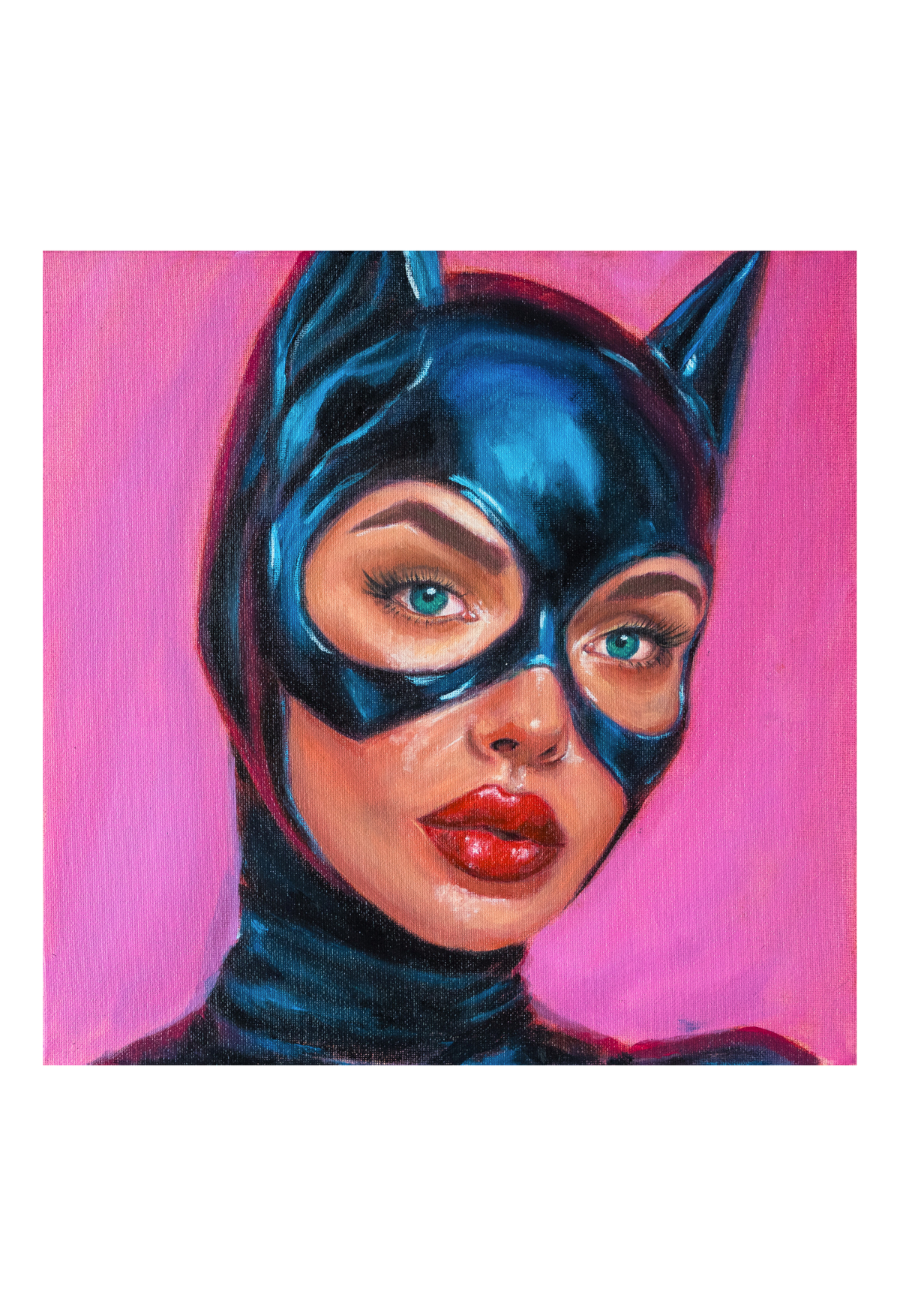 A stylized portrait painting of Catwoman in a shiny black mask and cowl against a bright pink background, shown as a square artwork centered on a white page.