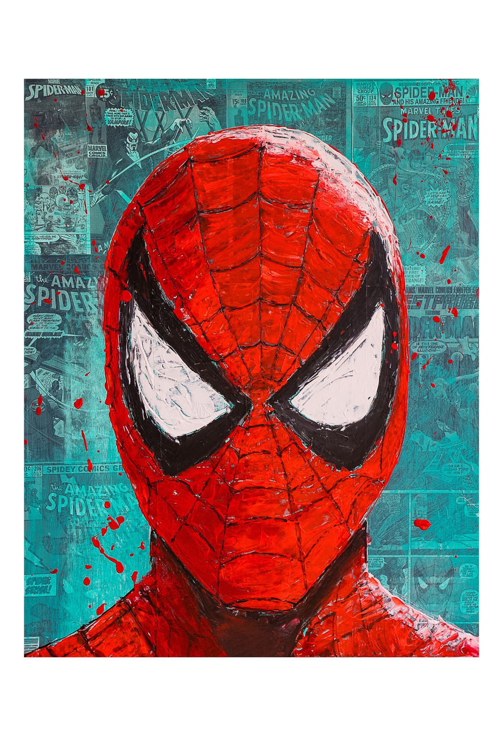 A textured canvas painting of Spider-Man's mask and upper chest, featuring bold red and black with white eyes, set against a teal comic-book collage background with red paint splatters.