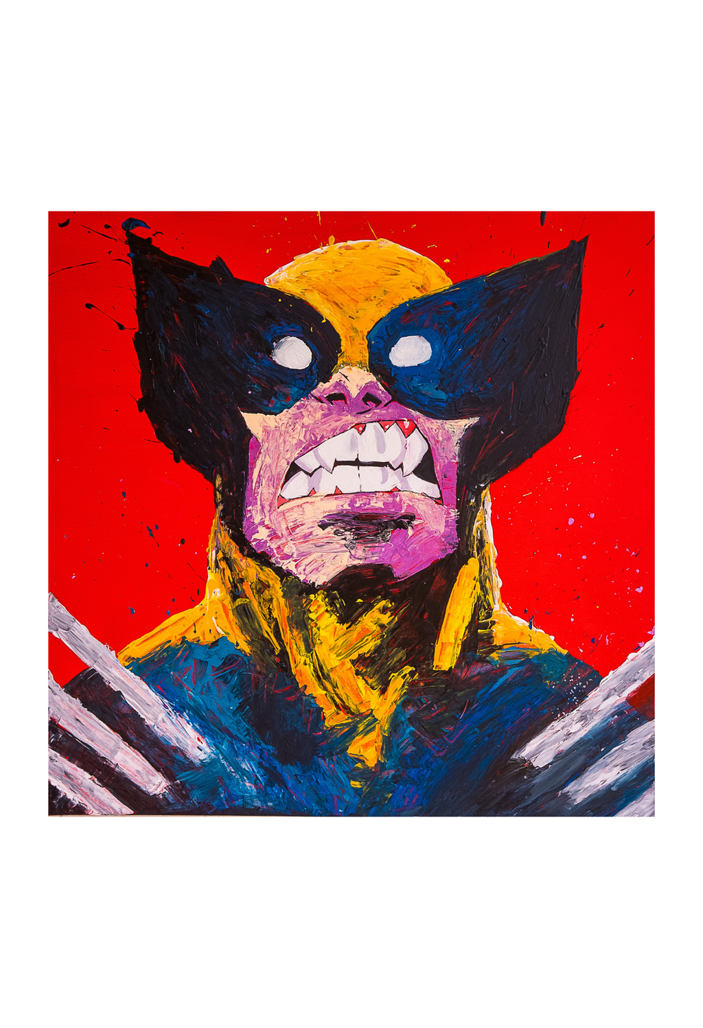 A square art print featuring a stylized, textured painting of Wolverine with a bright red background.