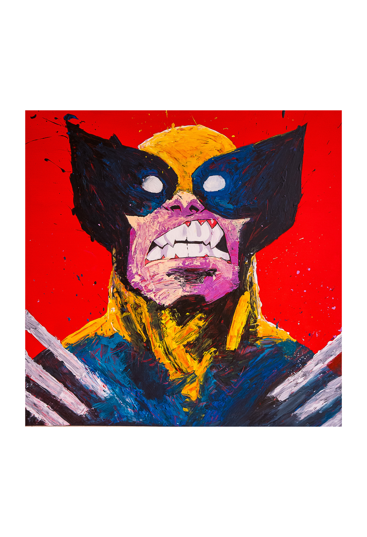A square art print featuring a stylized, textured painting of Wolverine with a bright red background.