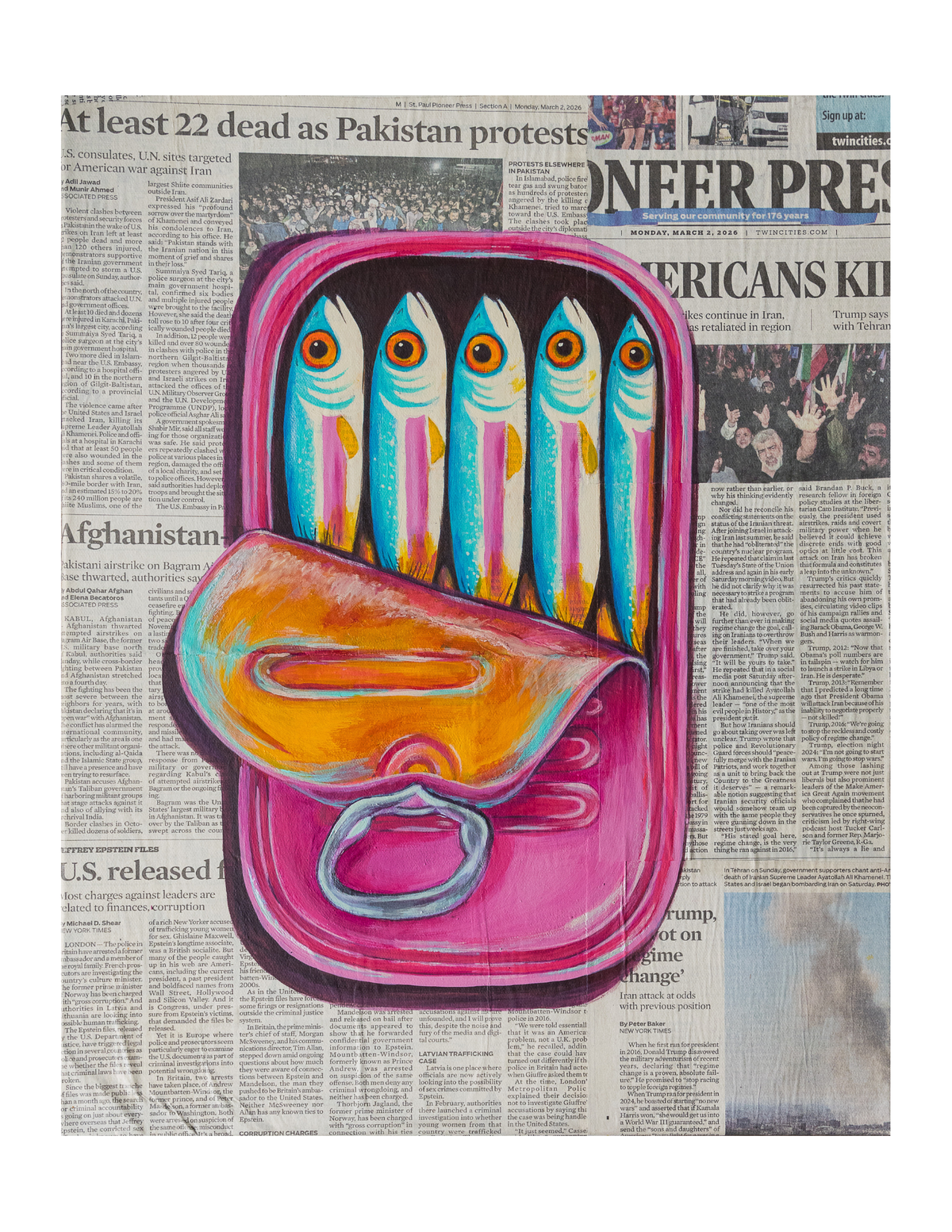 A square art print or poster featuring a stylized pink tin of fish on top of a newspaper background. The fish are blue with pink and yellow stripes, and the open lid has a large orange-yellow shape with a blue ring detail.