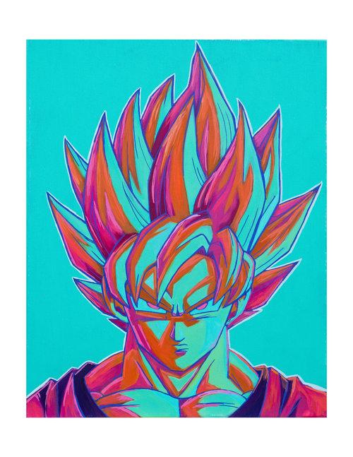 A stylized pop-art portrait of a character with spiky hair in bright cyan, pink, orange, and purple tones on a turquoise background, shown as a square artwork centered on a white page.