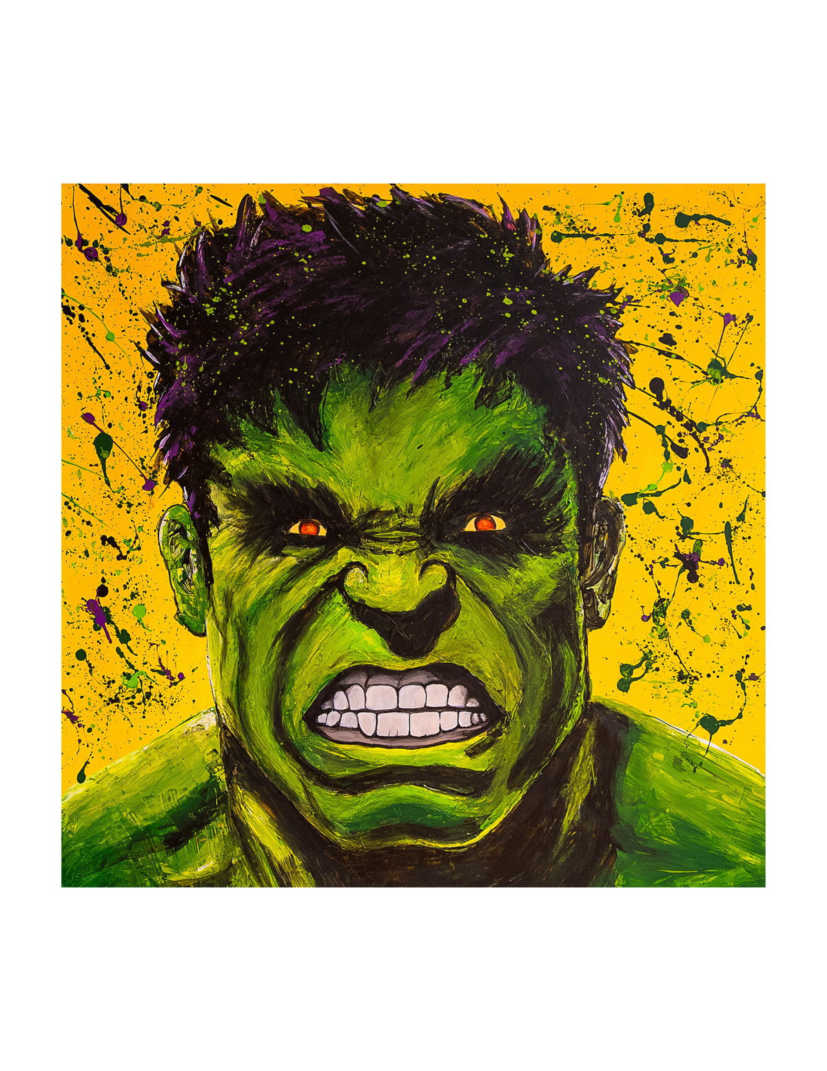 A square art print featuring a stylized, expressive portrait of the Hulk with a green face, dark hair, and orange eyes against a bright yellow background with paint splatter details.