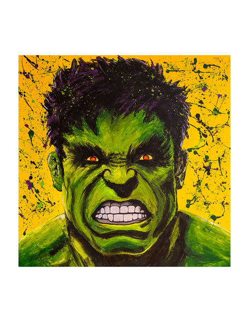 A square art print featuring a stylized, expressive portrait of the Hulk with a green face, dark hair, and orange eyes against a bright yellow background with paint splatter details.