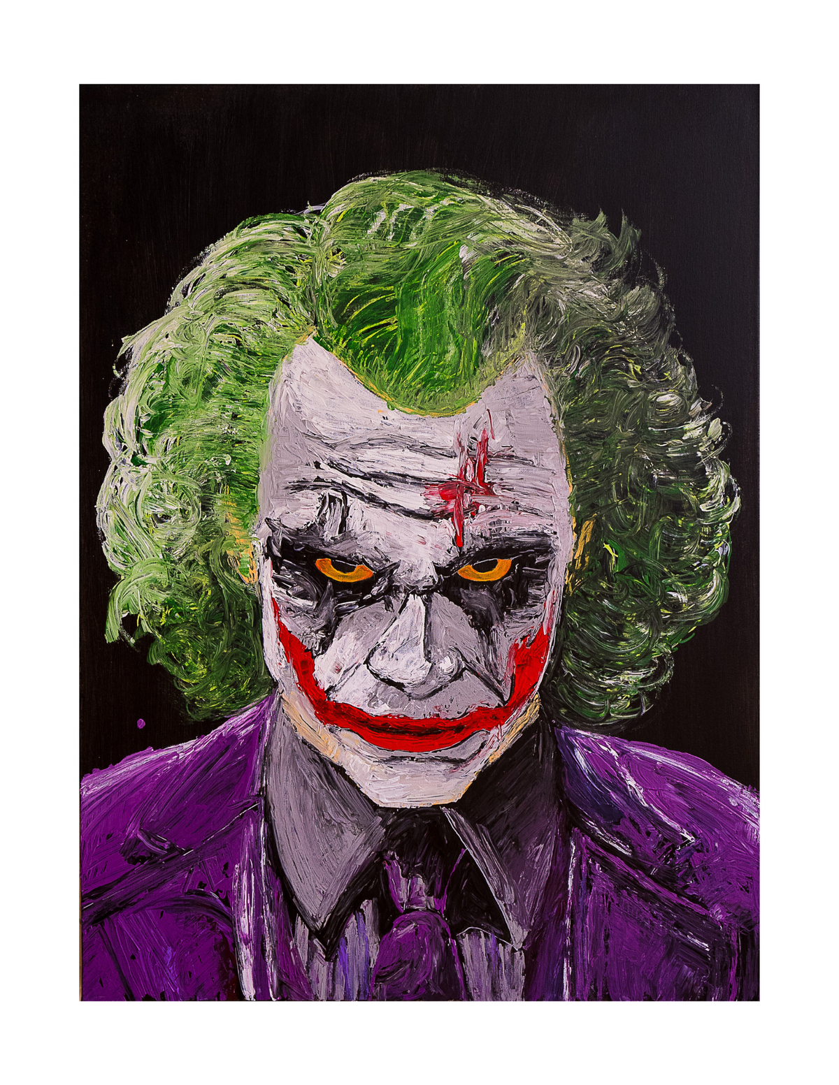 A stylized painted portrait of the Joker with green hair, white face paint, red smile and forehead cross, and a purple suit against a dark background.