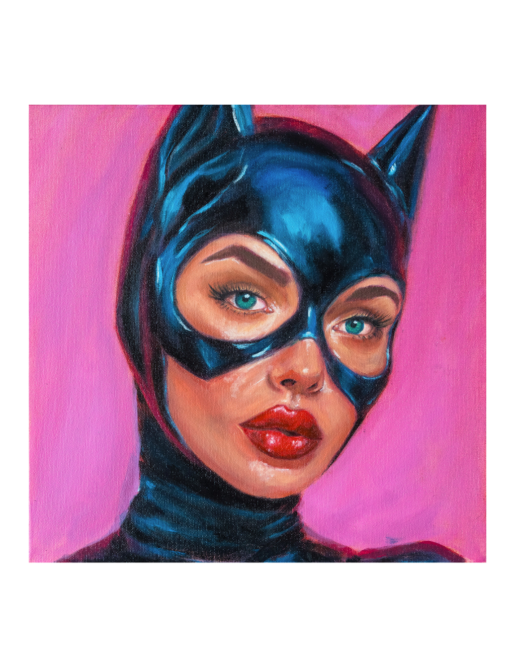 A colorful portrait painting of a woman in a black cat-ear mask against a bright pink background, shown within a white border.