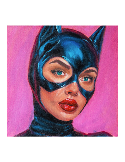 A colorful portrait painting of a woman in a black cat-ear mask against a bright pink background, shown within a white border.