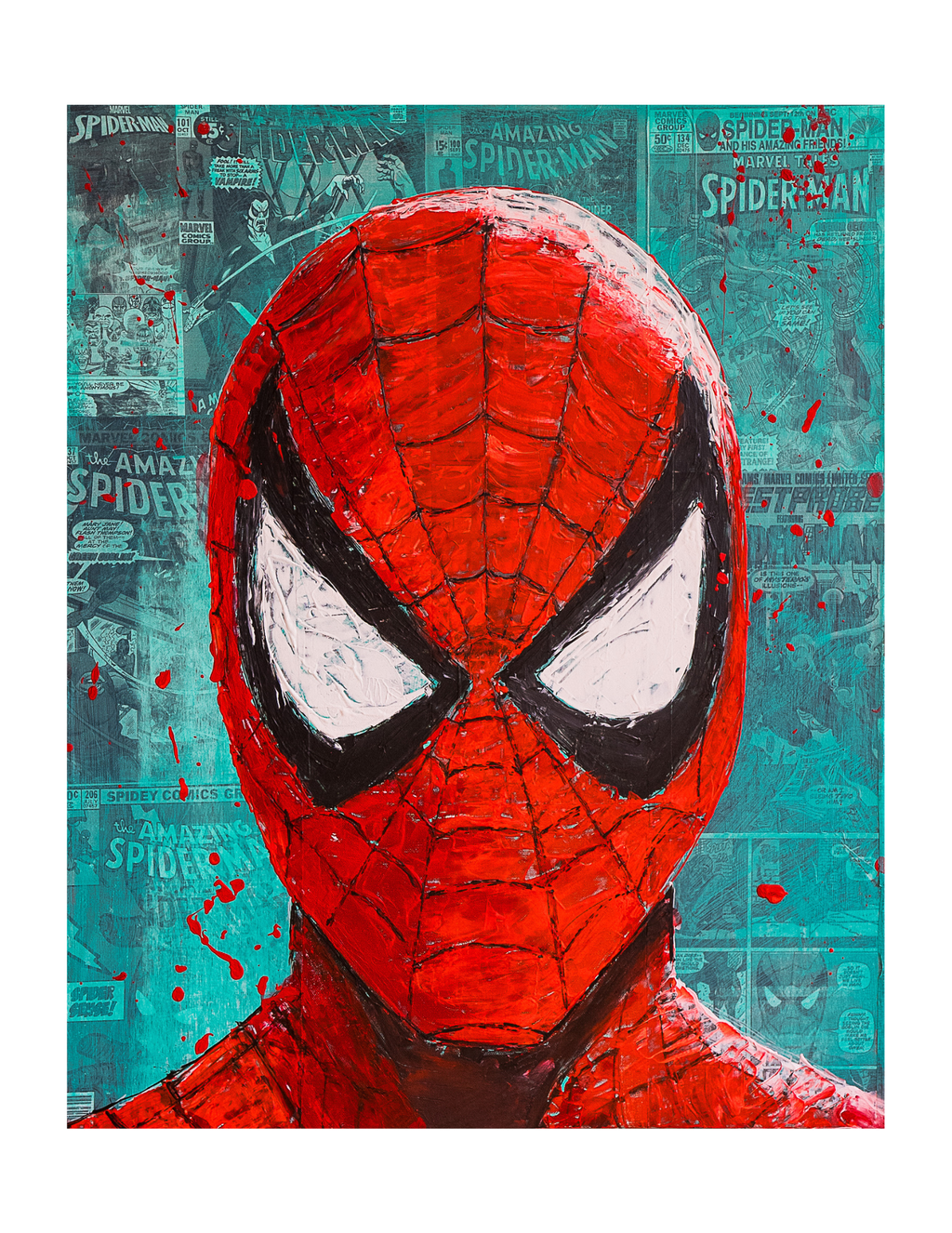 A stylized Spider-Man portrait artwork featuring a red mask and shoulders against a teal comic-book collage background with white eyes and black outlines.