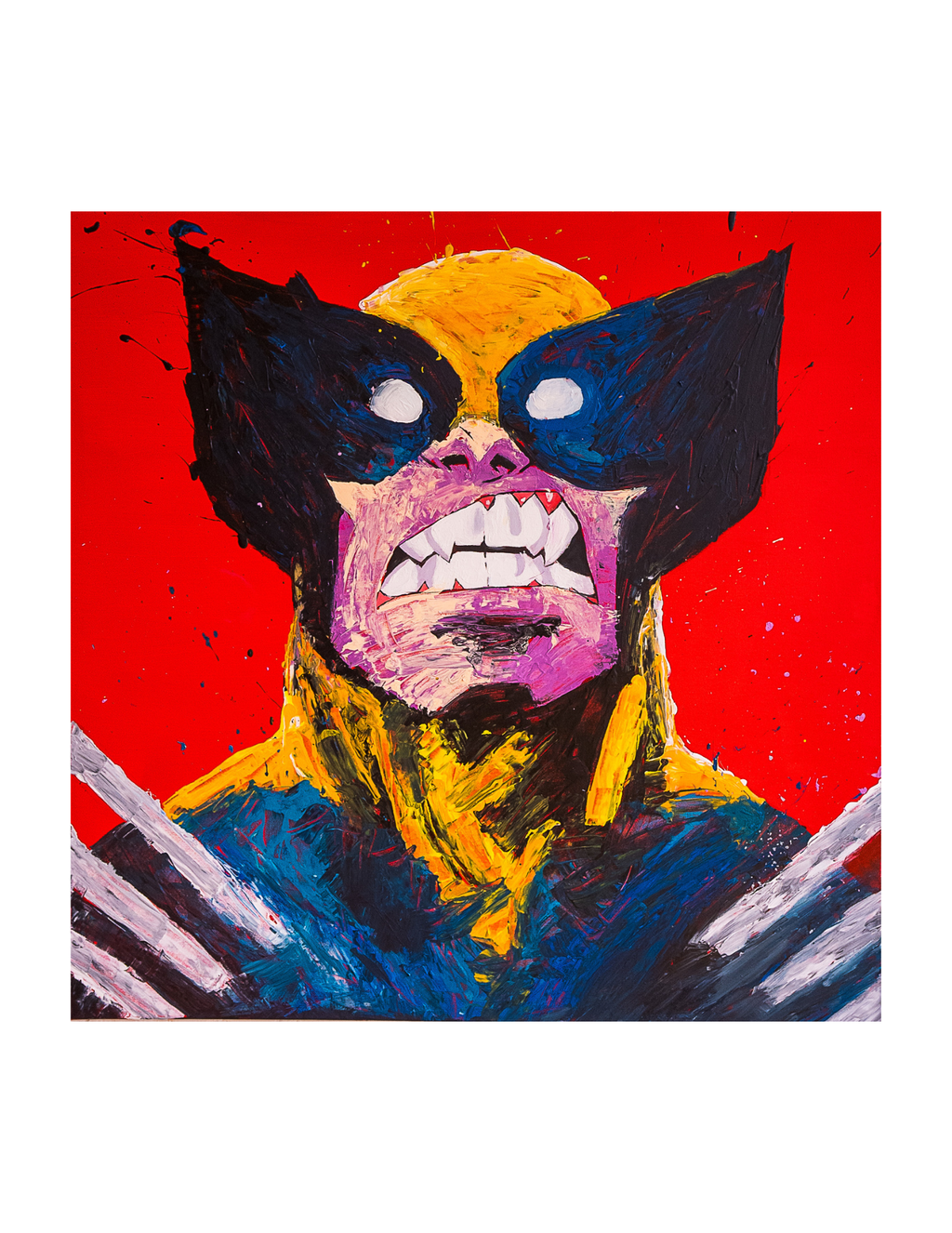 A square canvas art print featuring a stylized, textured portrait of Wolverine with a red background.