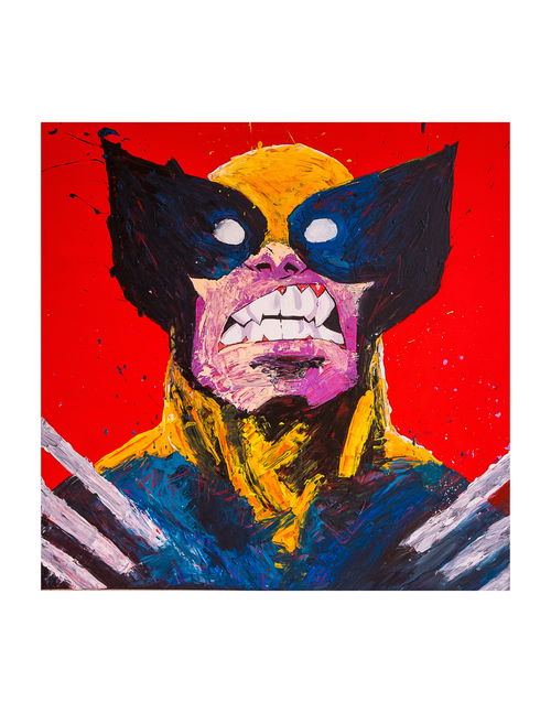 A square canvas art print featuring a stylized, textured portrait of Wolverine with a red background.