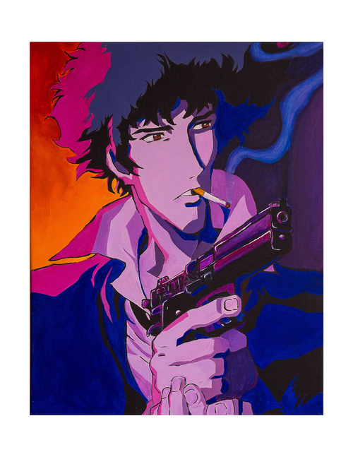 A stylized pop-art portrait print of a smoking man holding a gun, rendered in bold purple, blue, pink, and orange tones on a white background.