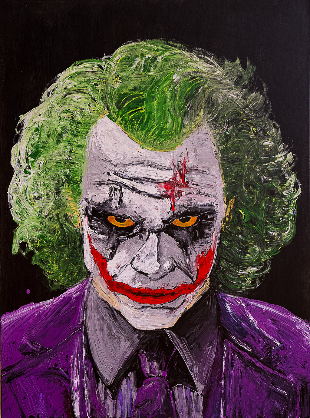 Artistic depiction of a character with green hair, red face paint, and purple suit on a black background.