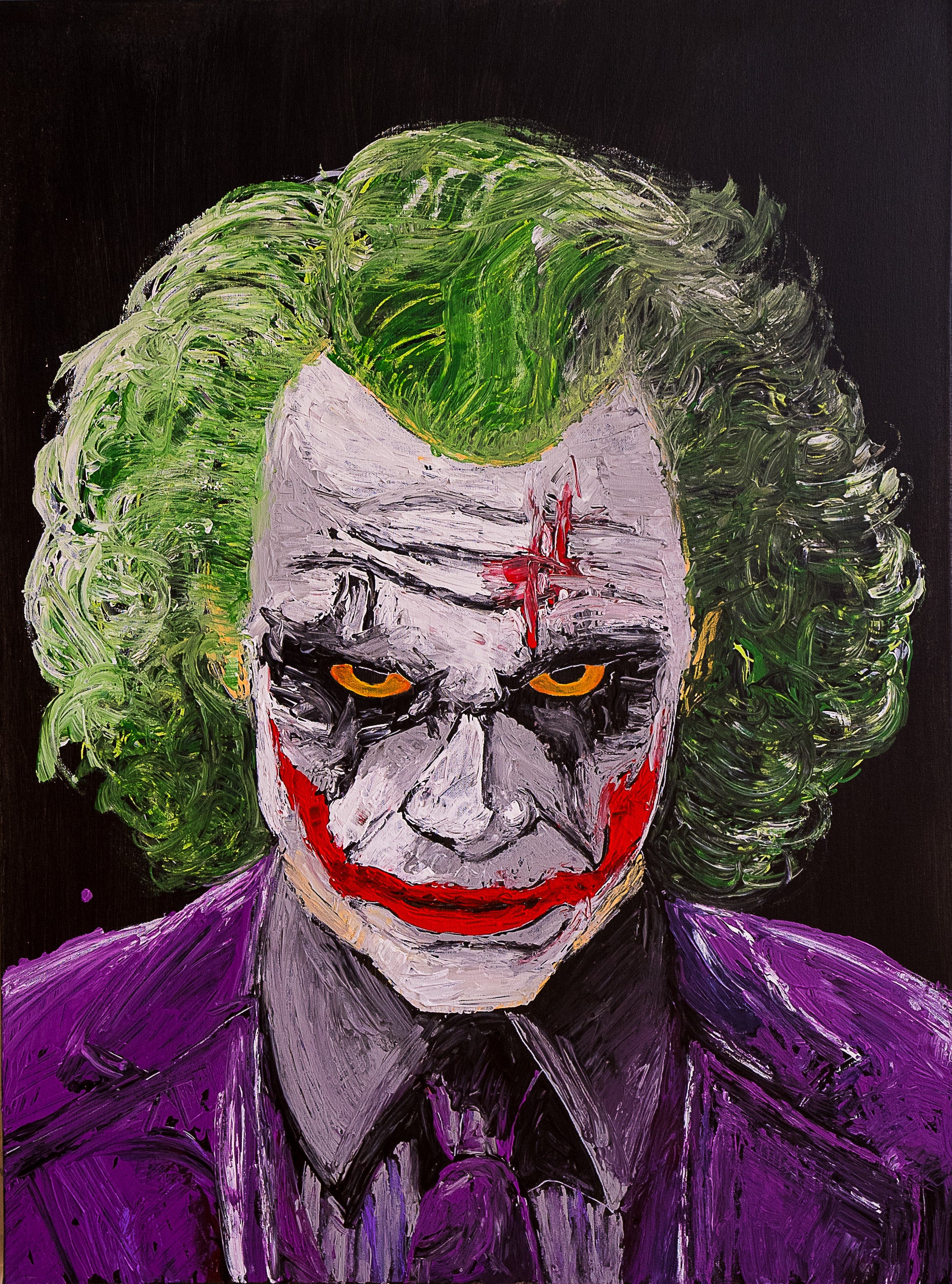 Artistic depiction of a character with green hair, red face paint, and purple suit on a black background.